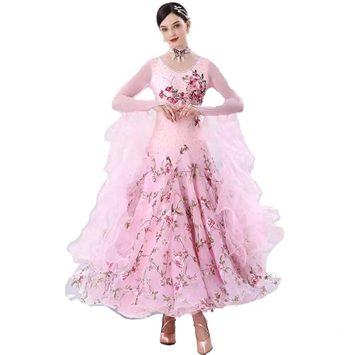 MLYYX Ballsaal Wettkampftanz Kleider mit Stickerei Netzspleiß Walzer Performance Kostüm für Damen Flamenco Tanzbekleidung mit Strass,Rosa,S von MLYYX