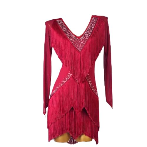 MLYYX Damen Salsa Latin Tanzkleid Mit V-Ausschnitt Fringe Flapper Tango Ballsaal Tanzen Kostüm Professionelle Cha Cha Tanzbekleidung Mit Langen Ärmeln,WineRed,XXL von MLYYX