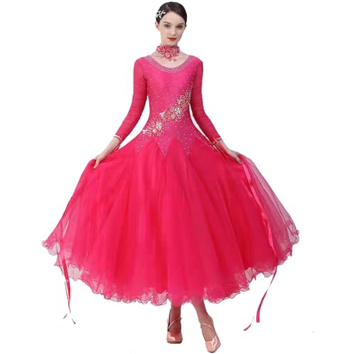 MLYYX Langärmlige Moderne Ballsaal Wettbewerbstanz Kleider Rundhals Walzer Auftritts Kostüm Für Damen Flamenco Tanzkleidung Mit Strasssteinen,Rosered,XL von MLYYX