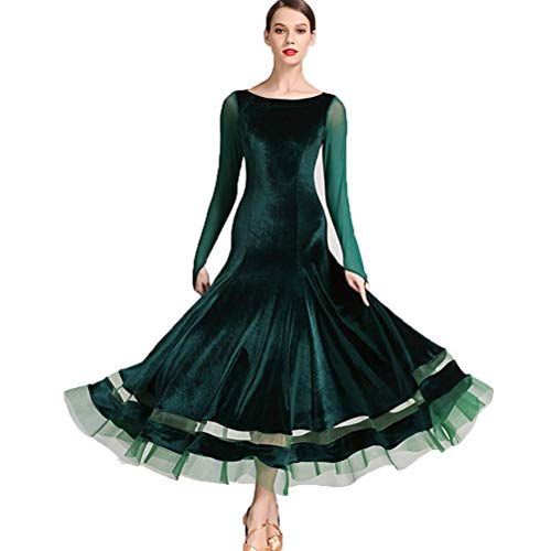 MLYYX Langärmliges Tango Übungskleid Balltanz Kleider Aus Samt Für Damen Nationales Standard Kostüm Für Walzer Mit Rundem Halsausschnitt Moderne Tanzbekleidung Mit Mesh Splice Design,Dark Green,M von MLYYX