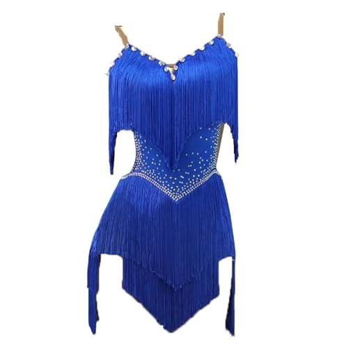 MLYYX Trägerlose Damen Latein Tanz Performance Kleider Fransen Tango Slasa Wettbewerbs Kostüm Für Rumba Cha Cha Party Tanzkleid Mit V-Ausschnitt Und Shorts,Royalblue,XS von MLYYX