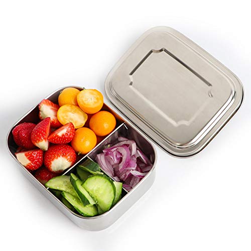 MMRTDJDR - Edelstahl-Bento-Lunchbox, Lebensmittelbehälter mit DREI Fächern, geeignet für Schule, Arbeit, Camping, Silber, S (Farbe: Silber, Größe: L) von MMRTDJDR