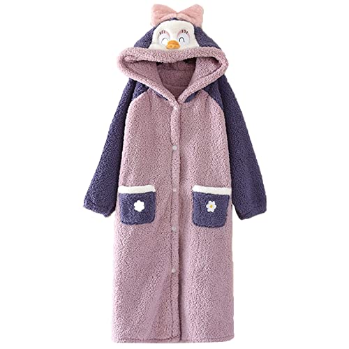 MMRTDJDR Luxuriöse Plüsch-Fleece-Winter-Damenroben, Korallen-Samt-Pyjamas, süße mittellange Kaschmir-Bademäntel mit Kapuze, Homewear-Bademäntel (Farbe: Lila, Größe: L) von MMRTDJDR