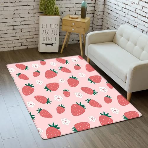 MMRTDJDR Teppich Schlafzimmer Wohnzimmer Kinderteppich 3D Erdbeerfrucht Roter Teppich Jungen Teenager Matte Flanell Kinderzimmer Teppich Läufer Fußmatte Polyestermaterial - Leicht zu reinigen 60 x 90 von MMRTDJDR