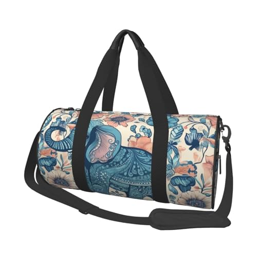 Elephant On Wood runde Reisetasche – große Kapazität, langlebige Handgepäcktasche für Urlaub, Fitnessstudio, kurze Reisen, Elefant und Blume, Einheitsgröße von MMSJSBVY