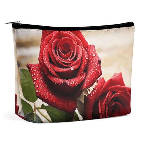 MNBVKL Kosmetiktasche, rote Rosen-Blumen, bedruckte Kosmetiktasche, niedliche Kosmetiktasche, Hand-Kosmetiktasche, rote Rosenblüten, Einheitsgröße, Rosen Rosen, Einheitsgröße von MNBVKL