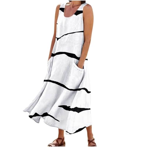 MNRIUOCII Damen Leinenkleid Sommer Sommerkleid Lang Boho Kleider Baumwoll Leinen Rundhals Ärmelloses Sommerkleider mit Taschen Lose Rundhals-Westenkleid von MNRIUOCII