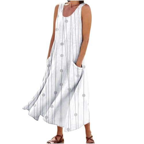 MNRIUOCII Damen Maxikleid Bedrucktes Ärmelloses Sommer Strandkleid Lange Rundhals Tank Top Kleider Leicht und Luftig mit Taschen Vielseitiges Party- Und Urlau von MNRIUOCII