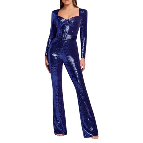 MNRIUOCII Jumpsuit Damen Glitzer Elegant Langarm Lang Overall Pailletten Hosenanzug Formell Hohe Taille Playsuit Cocktail Party Festlich Romper Elegant Abendkleider von MNRIUOCII