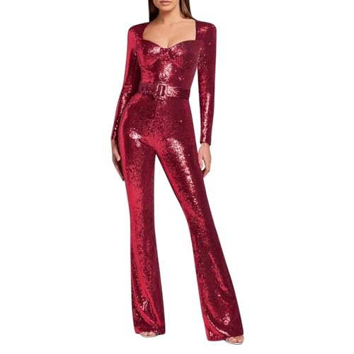 MNRIUOCII Jumpsuit Damen Glitzer Elegant Langarm Lang Overall Pailletten Hosenanzug Formell Hohe Taille Playsuit Cocktail Party Festlich Romper Elegant Abendkleider von MNRIUOCII