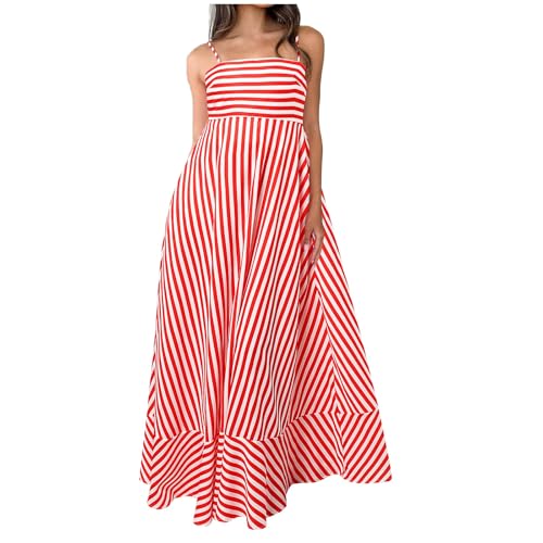 MNRIUOCII Langes Damenkleid ärmellos Bohemian Sommerkleider Gestreift Hi-Low Knielang Kleid Fließendes Locker fließendes Slip-Kleid Urlaubskleider von MNRIUOCII