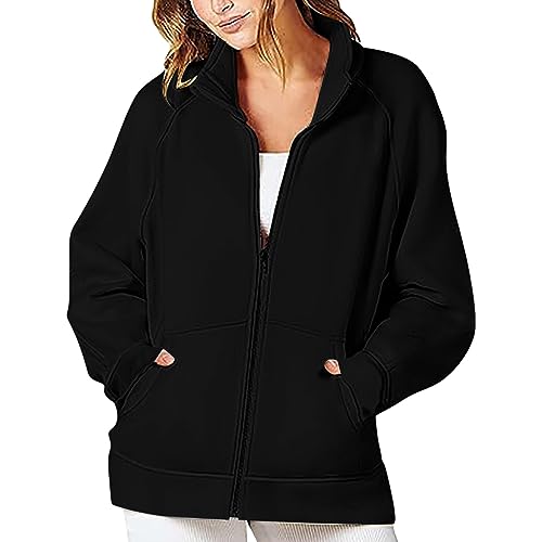 MNRIUOCII Zip Damen Sweatshirt Einfarbige Loose Tops Baumwolle Sweatjacke Sport Style Casual Jacken mit Taschen Winter Frauen Jacke Y2K Streetwear Outwear von MNRIUOCII