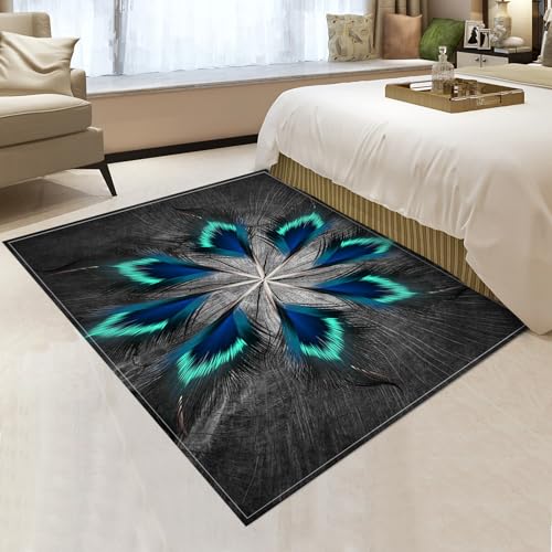 MOCHAMIK Blaue Phönixfeder-Dekorationsteppiche, Bohemian-Luxusmode-Innenbereichsteppiche, rutschfeste maschinenwaschbare Teppiche für Wohnzimmer, Schlafzimmer, Esszimmer, Bauernhaus, 100 x 140 cm von MOCHAMIK