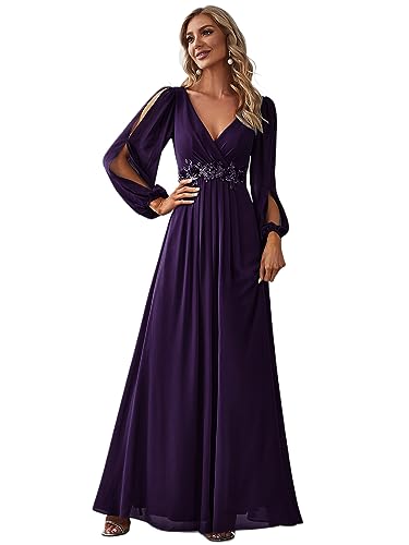 MOCHAMIK Damen-Brautjungfernkleid, elegant, A-Linie, tiefer V-Ausschnitt, Applikationen, plissiert, langärmelig, 00461 von MOCHAMIK