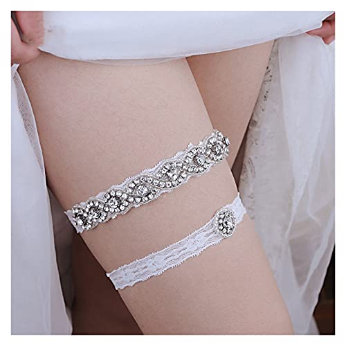 MOCHAMIK Hochzeits-Strumpfbänder, Strass-Beinband, Oberschenkelring, handgefertigtes Strumpfgürtel-Set, elastisches Spitzen-Strumpfband für Hochzeit, Party, Abschlussball (Farbe: Weiß) (Weiß von MOCHAMIK