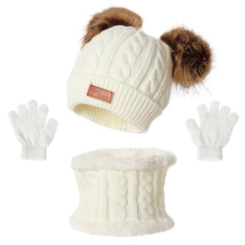 MOCHAMIK Kinder Wintermütze Schal Handschuhe Set, Kinder Strickmütze Kinder Mütze Schal Set, Winter Beanie Mütze Schal Handschuhe Set für Mädchen Jungen für Outdoor-Sportaktivitäten, Weiß von MOCHAMIK