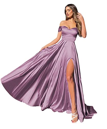 MOCHAMIK Schulterfreie Ballkleider für Damen, plissiert, Satin, Brautjungfernkleid, lang, A-Linie, geteilt, formelle Abendparty-Kleider mit Tasche von MOCHAMIK