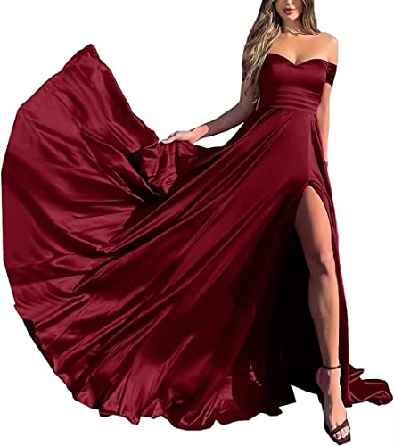 MOCHAMIK Schulterfreie Ballkleider für Damen, plissiert, Satin, Brautjungfernkleid, lang, A-Linie, geteilt, formelle Abendparty-Kleider mit Tasche von MOCHAMIK