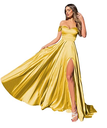 MOCHAMIK Schulterfreie Ballkleider für Damen, plissiert, Satin, Brautjungfernkleid, lang, A-Linie, geteilt, formelle Abendparty-Kleider mit Tasche von MOCHAMIK