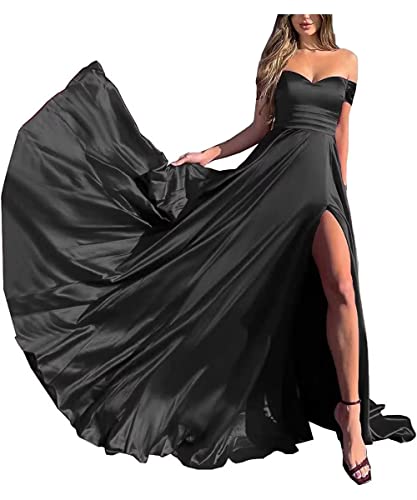 MOCHAMIK Schulterfreie Ballkleider für Damen, plissiert, Satin, Brautjungfernkleid, lang, A-Linie, geteilt, formelle Abendparty-Kleider mit Tasche von MOCHAMIK