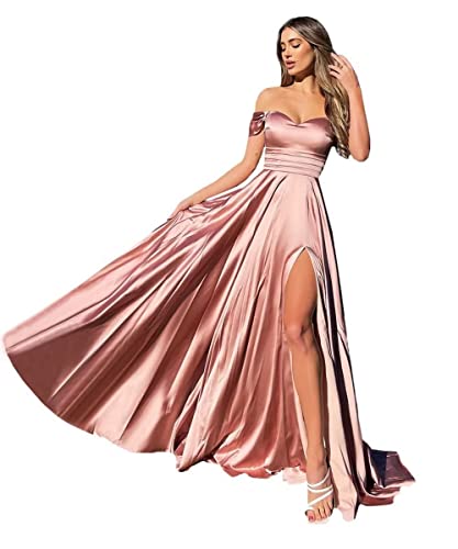 MOCHAMIK Schulterfreie Ballkleider für Damen, plissiert, Satin, Brautjungfernkleid, lang, A-Linie, geteilt, formelle Abendparty-Kleider mit Tasche von MOCHAMIK