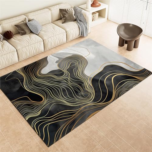 MOCHAMIK Teppiche für den Innenbereich, 120 x 170 cm, schmutzabweisender, waschbarer Teppich, abstrakte Kunstlinien, rutschfeste Teppiche für Wohnzimmer, goldene Teppiche für stark frequentierte von MOCHAMIK