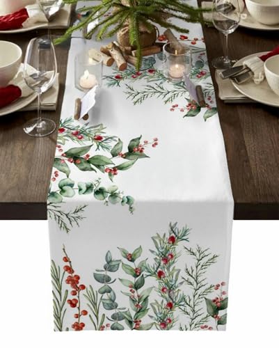 MOCHAMIK Weihnachten Eukalyptus Beeren Tischläufer Weihnachten Baumwolle Leinen Hochzeitsdekoration Tischdecke Home Party Dekoration-60X33cm 23x13inch-h von MOCHAMIK