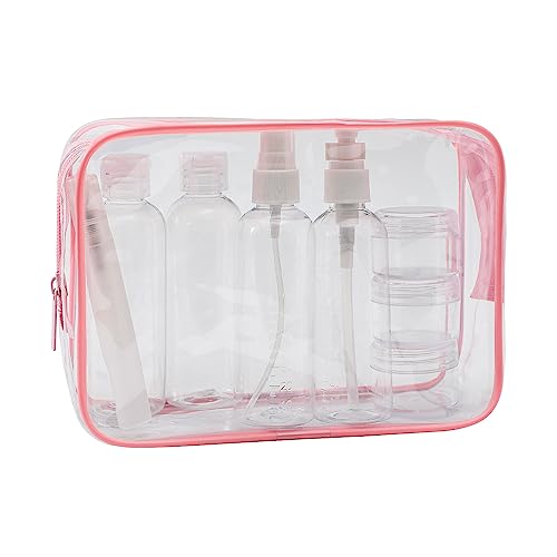 MOCOCITO Kulturbeutel durchsichtig und 8 Stück Reiseflasche Set (max.100ml) | Kulturtasche für Flüssigkeiten Kulturtasche für Handgepäck Kosmetiktasche Reiseflaschen(Rosa) von MOCOCITO