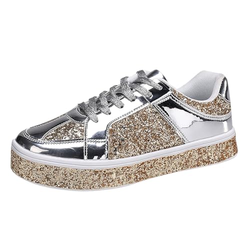 MODSGUE Damen Glitzer Sneaker, Slip-On Komfortschuh, Outdoor Freizeitschuhe, Vier-Jahreszeiten Sneaker, Mid Turnschuhe, Dicken Sohlen Laufschuhe, Laufen Schuh, Weisses von MODSGUE