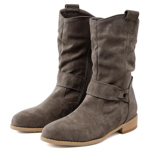 MODSGUE Stiefeletten Damen Elegant Wildleder Halbstiefel Spitz Schlupfschuhe Stiefel Mit Schnalle Kurzstiefel Winterstiefel Halbhohe bequemer Absatz Ankle Boots Halbhoch Westernstiefel Damenstiefel von MODSGUE