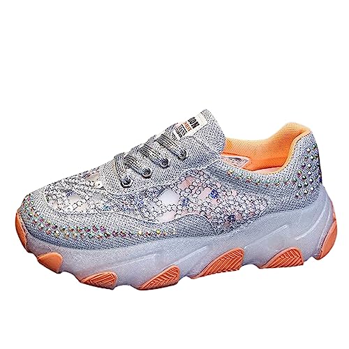 MODSGUE Walkingschuhe Damen Glitzer Pailletten Sneaker Flach Schuhe Laufschuhe Outdoor Turnschuhe Schnürer Freizeitschuhe Elegante Komfortschuhe Modischer Sportschuhe von MODSGUE