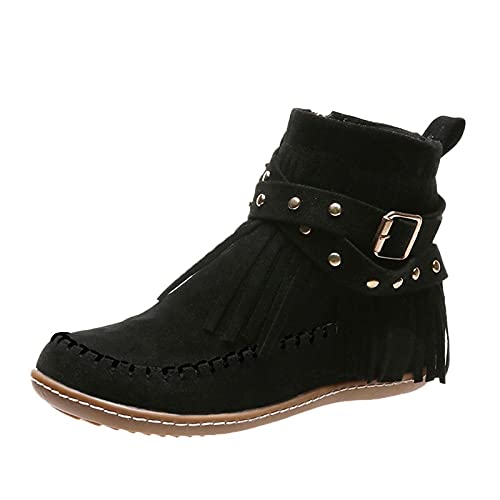 Stiefeletten Damen Winter Gefüttert Casual Retro Cowboystiefel Einfarbige Quasten Ankle Boots Flache Schuhe Bequeme Warm Winterschuhe Westernstiefel Kurze Stiefel Outdoor Damenschuhe Veloursleder von MODSGUE