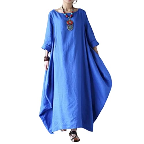MOGSA Maxikleid Frühling Lose Rundhals Mittelarm Groß Swing Baumwolle Leinen Langes Kleid-Blau, L MOGSA Maxikleid Frühling Lose Rundhals Mittelarm Groß Swing Baumwolle Leinen Langes Kleid-Blau, L von MOGSA