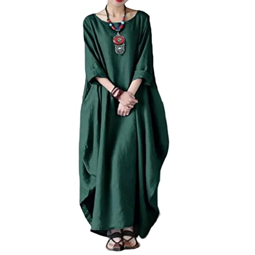 MOGSA Maxikleid Frühling Lose Rundhals Mittelarm Groß Swing Baumwolle Leinen Langes Kleid - Dunkelgrün, XXL MOGSA Maxikleid Frühling Lose Rundhals Mittelarm Groß Swing Baumwolle Leinen Langes Kleid - Dunkelgrün, XXL von MOGSA