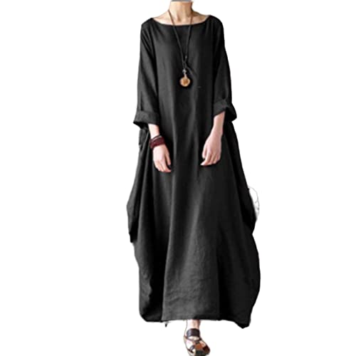 MOGSA Maxikleid Frühling Lose Rundhals Mittelarm Groß Swing Baumwolle Leinen Langes Kleid - Schwarz, 5XL MOGSA Maxikleid Frühling Lose Rundhals Mittelarm Groß Swing Baumwolle Leinen Langes Kleid - Schwarz, 5XL von MOGSA