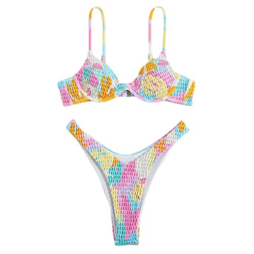 MOIDHSAG Damen-Badeanzug, geteilt, verstellbare Spaghettiträger, zweiteilig, plissiert, Badeanzug, hoher Schnitt, Strandmode, bedruckt, Bikinis-Set von MOIDHSAG