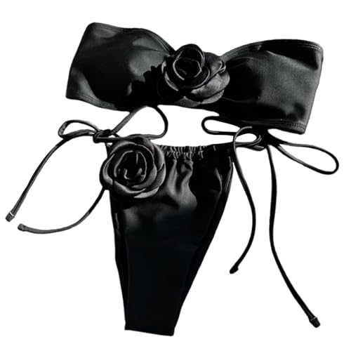 MOIDHSAG Einfarbiger Bandeau-Badeanzug für Damen, zweiteilig, trägerlos, 3D-Blumen-Badeanzug, Badeanzug, Strandkleidung von MOIDHSAG