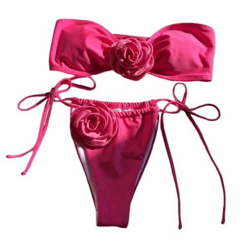 MOIDHSAG Einfarbiger Bandeau-Badeanzug für Damen, zweiteilig, trägerlos, 3D-Blumen-Badeanzug, Badeanzug, Strandkleidung von MOIDHSAG