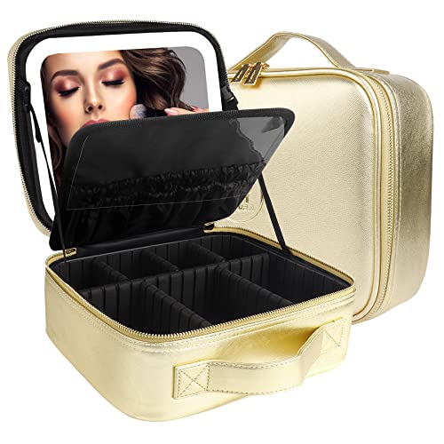 MOMIRA Reise-Makeup Tasche Kosmetiktasche mit beleuchtetem Spiegel, Einstellbarer Helligkeit in 3 Farbszenarien, Geschenk für Frauen - Gold MOMIRA Reise-Makeup Tasche Kosmetiktasche mit beleuchtetem Spiegel, Einstellbarer Helligkeit in 3 Farbszenarien, Geschenk für Frauen - Gold von MOMIRA