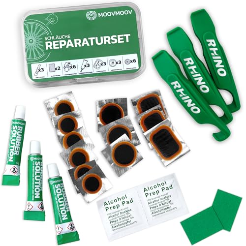 MOOVMOOV Fahrrad-Reparaturset – Enthält Flicken für Fahrradschläuche, Vulkanisierkleber-Tuben, Rhino-Reifenheber, Schleifpapier und Reinigungstücher – Für MTB, Rennrad, Gravel-Bike MOOVMOOV Fahrrad-Reparaturset – Enthält Flicken für Fahrradschläuche, Vulkanisierkleber-Tuben, Rhino-Reifenheber, Schleifpapier und Reinigungstücher – Für MTB, Rennrad, Gravel-Bike von MOOVMOOV