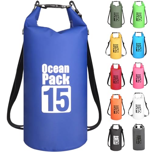 MORAINJAY Blaue 15-Liter-Boots-Trockentaschen, wasserdichte Tasche mit langem, verstellbarem Schultergurt, perfekt zum Angeln/Rafting/Schwimmen von MORAINJAY