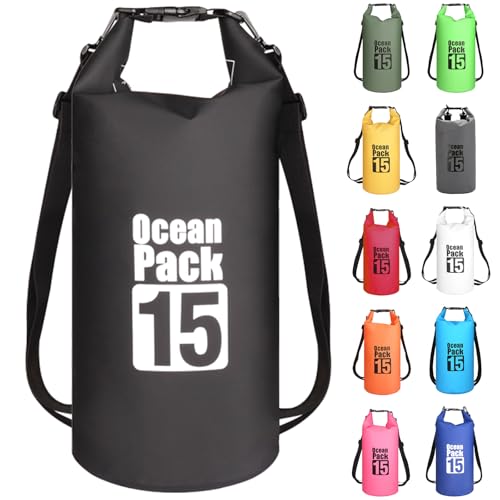 MORAINJAY Schwarze 15-Liter-Boots-Trockentaschen, wasserdichte Tasche mit langem, verstellbarem Schultergurt, perfekt zum Angeln/Rafting/Schwimmen von MORAINJAY