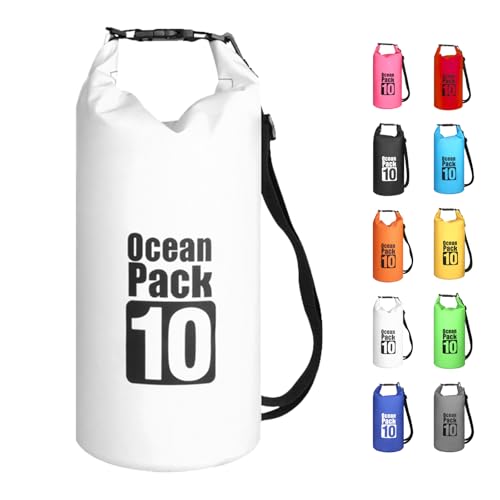 MORAINJAY Dry Bag 10L Weiß wasserdichte Tasche,2L/5L/10L/15L/20L/30L Wasserfester Packsack mit Verstellbarer Schulterriemen,Wasserdichter Rucksack,wasserdichte Seesack für Schwimmen,Kajak,Rafting von MORAINJAY