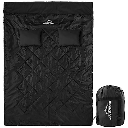 MOUNTREX Doppelschlafsack - Sommer Schlafsack für 2 Personen (210 x 150cm), Deckenschlafsack - XXL Sommerschlafsack mit 2 Kopfkissen für Erwachsene - Camping, Outdoor & Indoor (Schwarz) von MOUNTREX