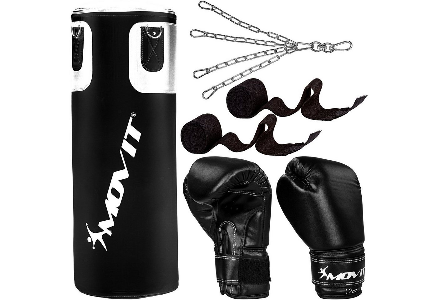 MOVIT Boxsack Movit® Boxsack-Set 25 kg, inkl. Boxsack gefüllt (Set, mit Bandagen, mit Boxhandschuhen), für Erwachsene, Schwarz oder Weiß von MOVIT