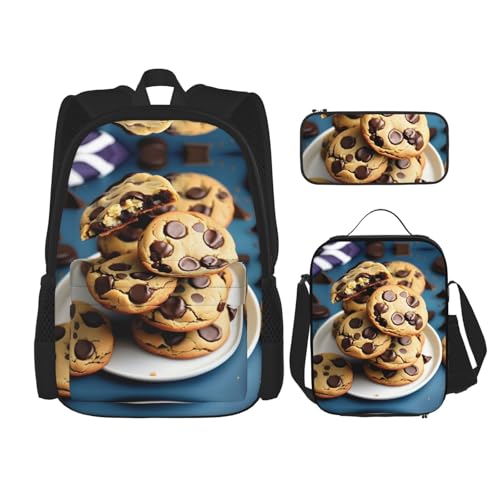 MQGMZ Cookies Food Reiserucksack mit Schokoladenstückchen, Keksen, 3-teiliges Set, leicht, wasserabweisend, Büchertasche, Lunch-Tasche, Federmäppchen, Schwarz, Einheitsgröße, Schwarz , Einheitsgröße von MQGMZ