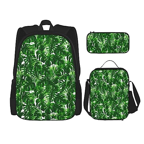 MQGMZ Monstera Deliciosa Reiserucksack mit Bananenpalmen-Druck, leicht, wasserabweisend, Büchertasche, Lunch-Tasche, Federmäppchen, 3-teiliges Set, Schwarz , Einheitsgröße von MQGMZ