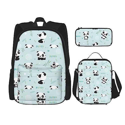 MQGMZ Reise-Rucksack mit Panda-Motiv, 3-teiliges Set, leicht, wasserabweisend, Büchertasche, Lunch-Tasche, Federmäppchen, Schwarz , Einheitsgröße von MQGMZ