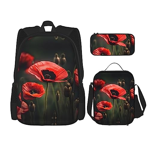 MQGMZ Reiserucksack, Motiv: rote Mohnblumen, 3-teilig, leicht, wasserabweisend, Büchertasche, Lunchtasche, Federmäppchen, Schwarz , Einheitsgröße von MQGMZ