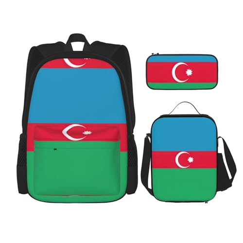 MQGMZ Reiserucksack mit Aserbaidschan-Motiv, leicht, wasserabweisend, Büchertasche, Lunch-Tasche, Federmäppchen, 3-teiliges Set, Schwarz , Einheitsgröße von MQGMZ